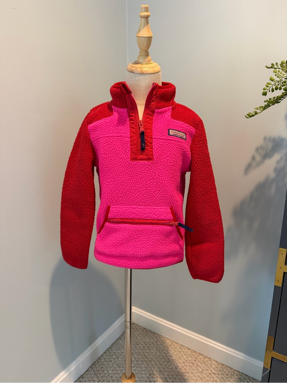 Vineyard Vines Pink & Red Sherpa Half-Zip Pullover Hoodie
